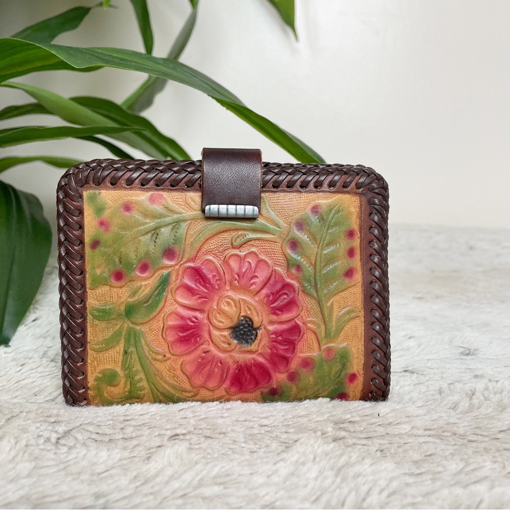 Hand Tooled Leather Floral Wallet Organizer Brown Western Boho Rose - Picture 2 of 8